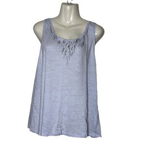 Eileen Fisher Light Blue Beaded Embellished Tank Top, Size L  100% Linen